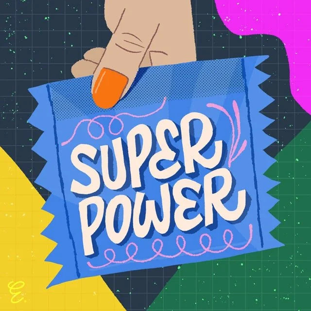 Cartoon hand holding a blue sign with 'Super Power' text against a colorful background
