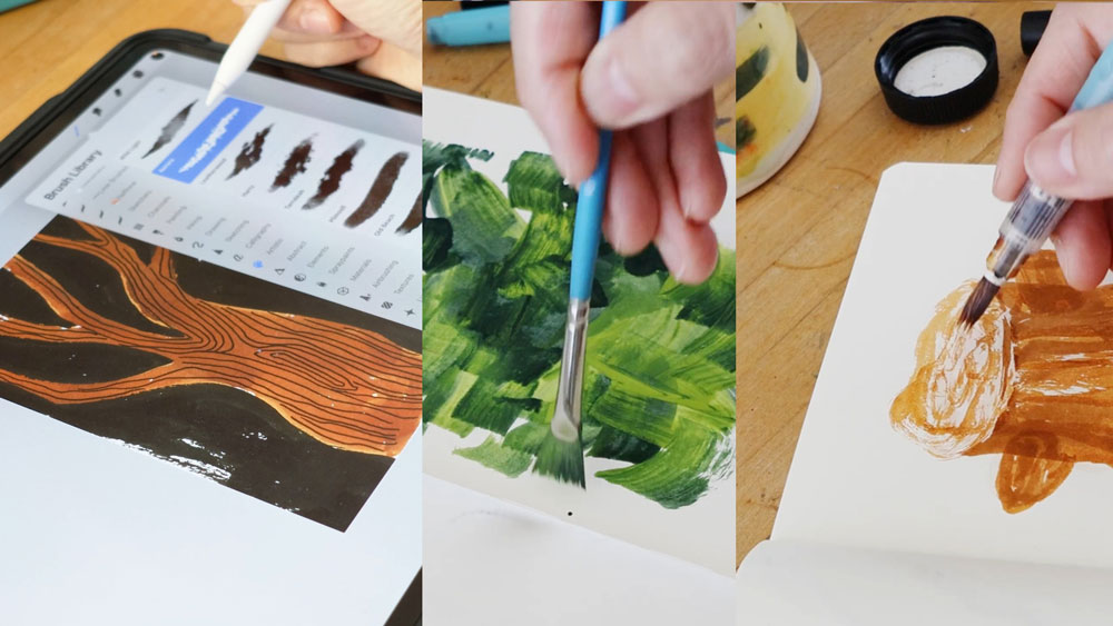 Three images showing painting activities with brushes on paper.