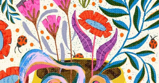 Colorful floral pattern with a yellow vase on a white background