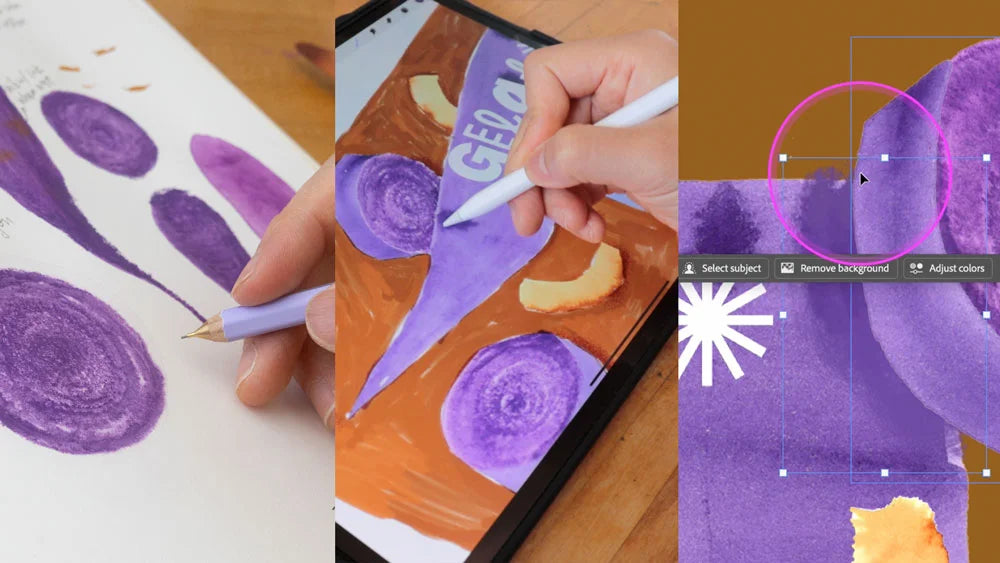 Collage of a person using a stylus on a tablet with purple circular designs, close-up of stylus, and digital editing interface.
