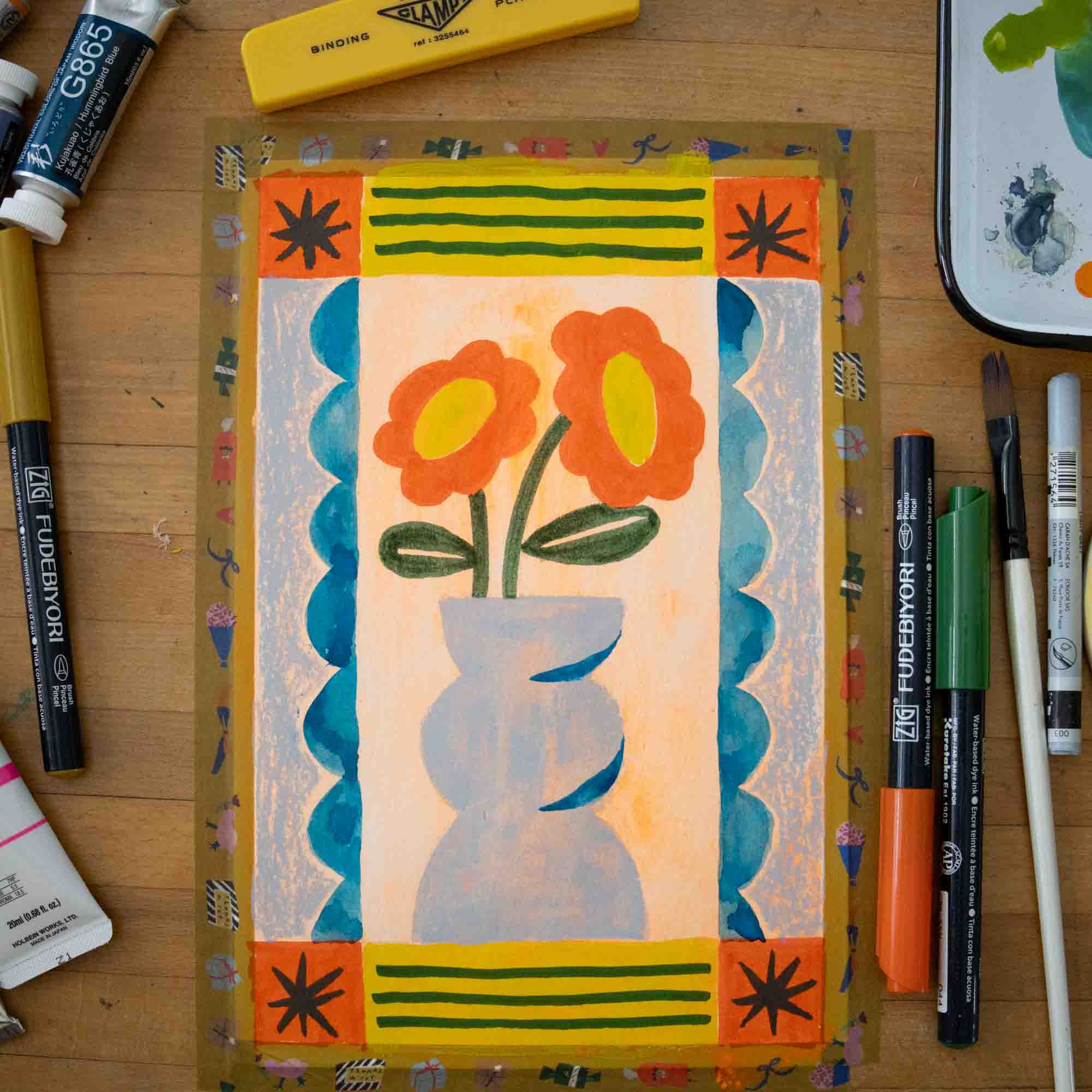 Online Mixed Media Workshop | Folk Flower Illustration with Supply Kit - Esther Nariyoshi